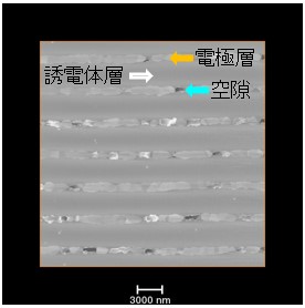 断面SEM像。誘電体層と電極層が交互に積層されている。
