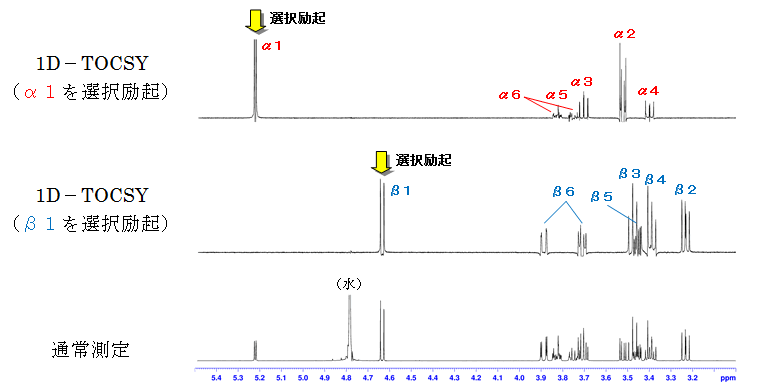図1:グルコースの1H-NMRスペクトル及び1D-TOCSYスペクトル