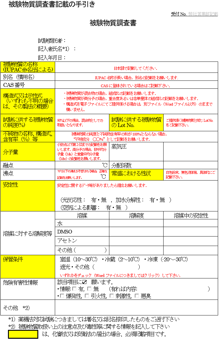 図：安全性試験依頼書記載の手引き